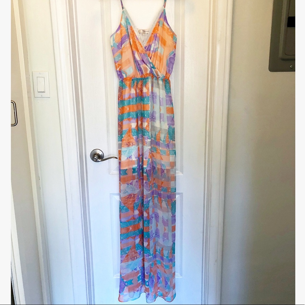 Lavender Brown Chiffon Geometric Maxi Dress